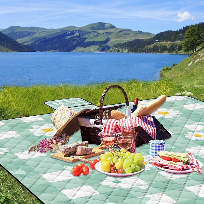 Extra Large Picnic Blanket Waterproof,80"x 80"Foldable Machine Washable Beach Blanket,Outdoor Blanket for 6-8 Adults,Suitable for Indoor Crawling,Park Beach,Camping,Hiking,Family Travel(Light green)
