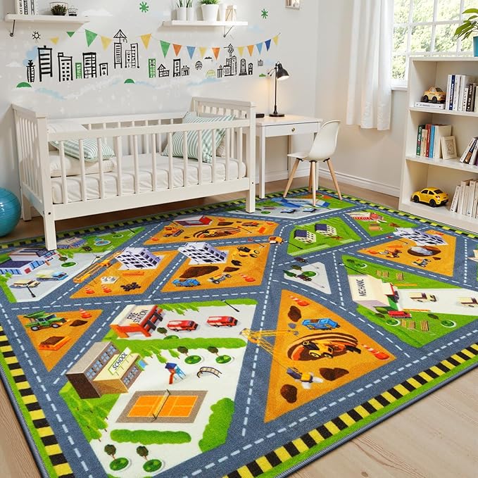 STARUIA Kids Cars Rug for Playroom, 5.3x6.6 Car Rugs for Kids Toy Cars, Non-Slip City Road Map Rug for Boy Bedroom, Educational Toddler Carpet Play Mat for Kid Room Classroom Nursery(63"x78")