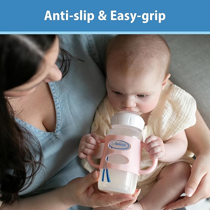Dr. Brown's Wide-Neck Baby Bottle Handles, 100% Silicone, Easy Grip Removable Handles for Bottle to Sippy Cup Transition, Blue/Gray/Green, 3-Pack, 4m+