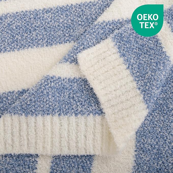 NEXHOME PRO Stripe Cozy Blanket Twin, Knit Fuzzy Throw Blanket for Couch Bed Sofa Picnic, Ultra Soft Blankets for Women Gifts Blue50 x 60 inches