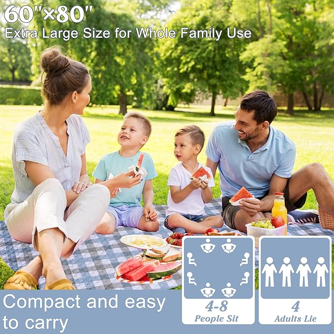 Extra Large Picnic Blanket 80''x 60'' Waterproof Foldable Picnic Mat for Beach, 5-Layer Outdoor Blanket for 6 to 8 Adults,Camping Grass Lawn Park Accessories Couple Park Wedding Registry(Blue Gray)