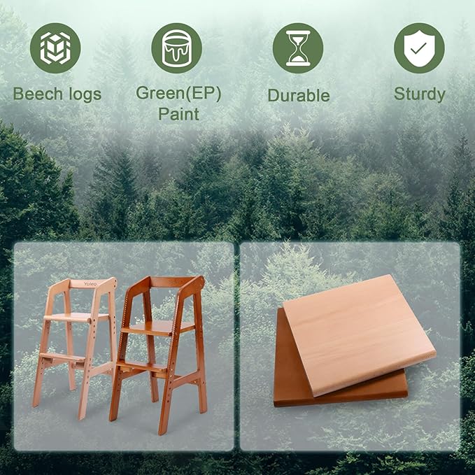 Wooden High Chair for Toddlers, Adjustable Dining Feeding Chair with Removable Cushion for Child, High Chair Grows with Your Kid with Steps for Kids Dining, Studying, Step Tool(Nut-Brown)