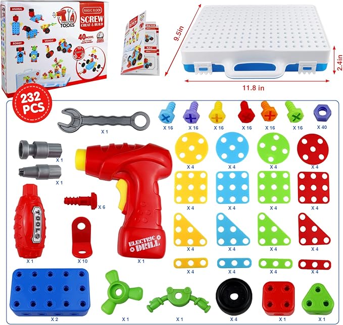 STEM Toys for 3 5 7 Year Old Boys Kids, 232 Pcs Kids Drill Set Building Blocks, DIY Educational Construction Engineering Toys, Creative Mosaic Electric Drill Set Gift for Kid Boys Girls Age 3-8 Years
