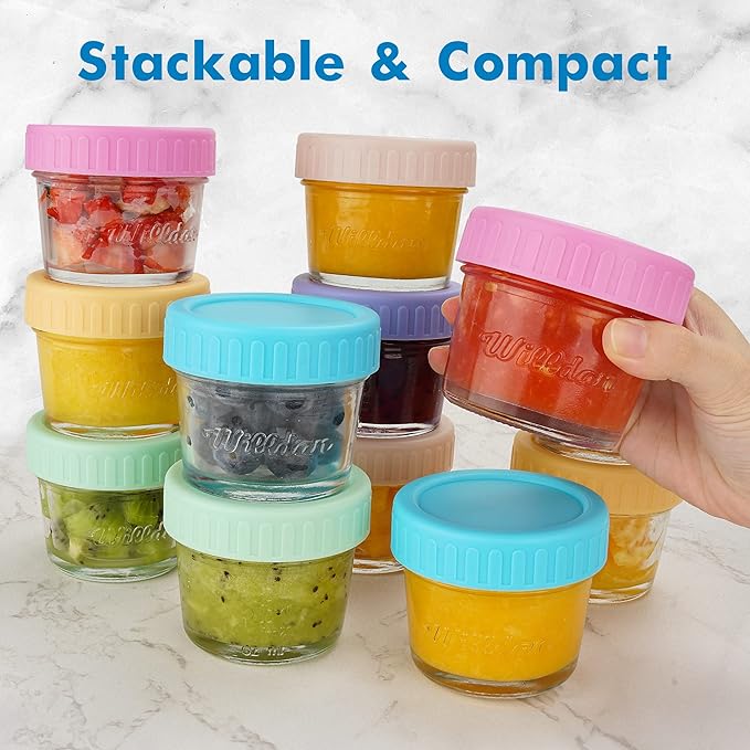 WILLDAN Glass Baby Food Storage Jars w/Lids (4 oz, 6 Pack Set) Snack, Puree, Reusable Small Containers, Breast Milk, Fridge or Freezer, Microwave & Dishwasher Safe, Essential Must Have for Infants