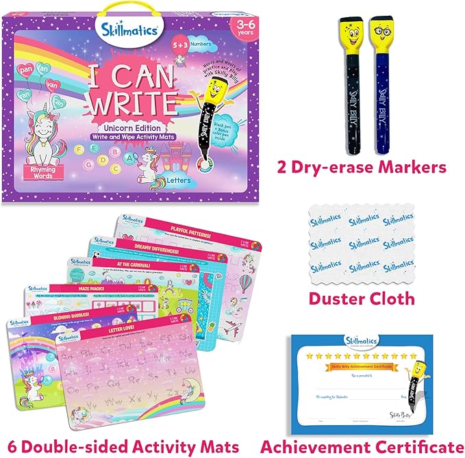 Skillmatics I Can Write Unicorns - Reusable Preschool Learning Activities, Educational Toy and Game, Back to School Supplies, Gifts for Students, Kids, Toddlers Ages 3, 4, 5, 6