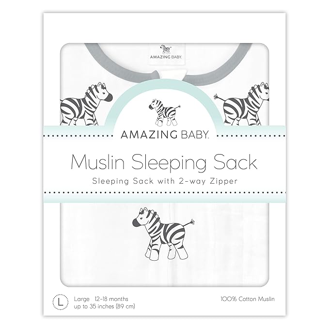 Amazing Baby Muslin Sleeping Sack, Zebra, Black, Large, Wearable Blanket with 2-way Zipper , Large 12-18 Month