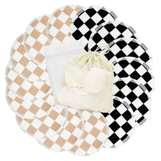 wegreeco Nursing Breast Pads (14 Pack) + Laundry Bag & Travel Storage Bag, 4.7 inch Option - Washable & Reusable Breastfeeding Nursing Pads (Light Coffee, Black Checkerboard, Large, Plain Shape)