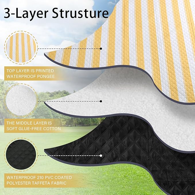 HX&OD Outdoor Picnic Blanket Extra Large, 80''*80'' Waterproof Picnic Mat with Stakes Foldable Camping Blanket Portable with Carry Strap for Beach Mat (Yellow& White, 80''*80'')