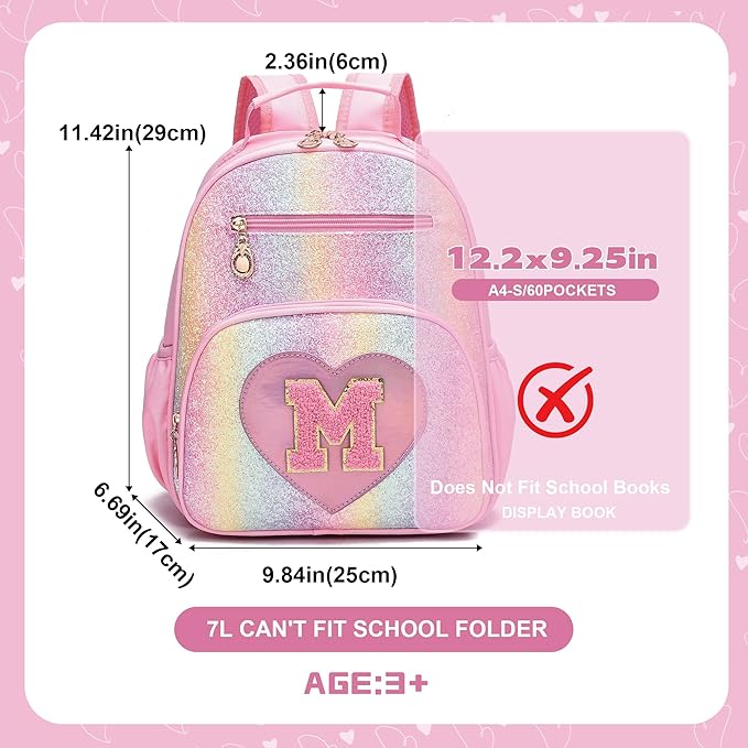 I IHAYNER Kids Glitter Lightweight Backpack for School Travel & Daycare, Toddler Backpack for Girls 3+ Preschool Kindergarten Elementary Kids Backpack-Rainbow Pink M