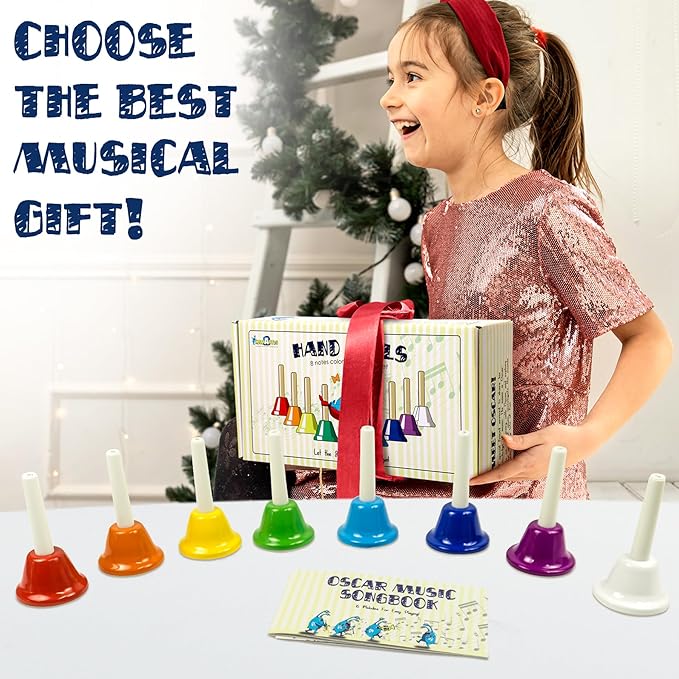MINIARTIS Hand Bells for Kids | Educational Music Toys for Toddlers 8 Notes Colorful Handbells Set | Kids Musical Instrument with 15 Songbook | Great Birthday Gift for Children