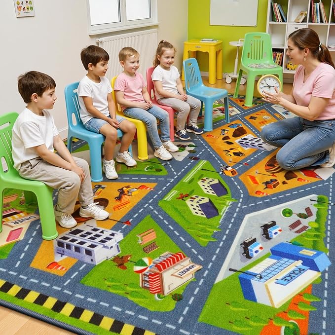 STARUIA Kids Cars Rug for Playroom, 5.3x6.6 Car Rugs for Kids Toy Cars, Non-Slip City Road Map Rug for Boy Bedroom, Educational Toddler Carpet Play Mat for Kid Room Classroom Nursery(63"x78")