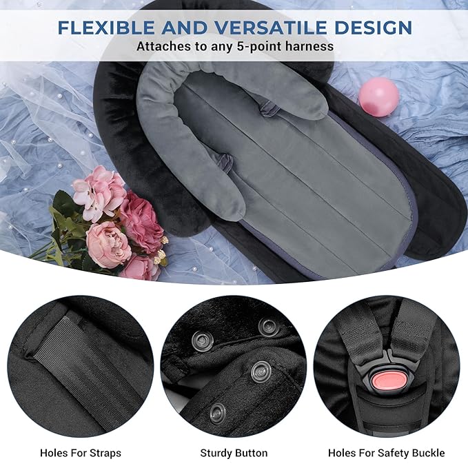 COOLBEBE New Babybody Support & Strap Covers Set for Newborn Infant Toddler- Extra Soft Stroller Cushion Pads Car Seat Insert, Perfect for Carseats, Strollers, Swings, Black