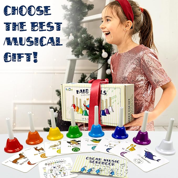 MINIARTIS Hand Bells for Kids | Educational Music Toys for Toddlers 8 Notes Colorful Handbells Set | Kids Musical Instrument with 15 Songbook, Theory Flashcards | Great Birthday Gift for Children
