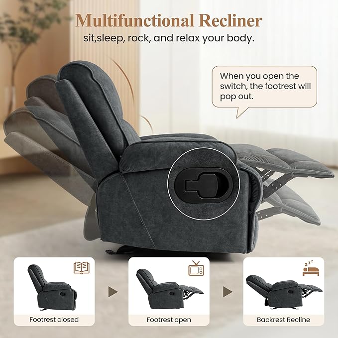 Nursery Rocking Chairs,Velvet Rocker Recliner Nursing Chair,Oversized Nursery Recliner Glider Chair with Extra Wide Footrest for Breastfeeding,Dark Grey