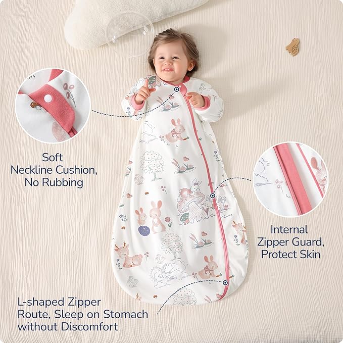 Baby Sleep Sack 3-6 Months, Cotton Detachable Long Sleeve Sleep Sack, 2.5 Tog Toddler Sleeping Sack with Temperature Strips, 2-Way Zipper Wearable Blankets for Newborns, Bunny