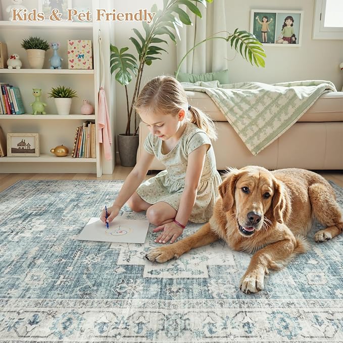 LIVEBOX Washable 2x6 Runner Rug for Bathroom, Non Slip Kitchen Mats for Floor Entryway, Boho Indoor Front Door Mat Low-Pile Runners for Hallways, Farmhouse Rugs for Bath Laundry, Blue