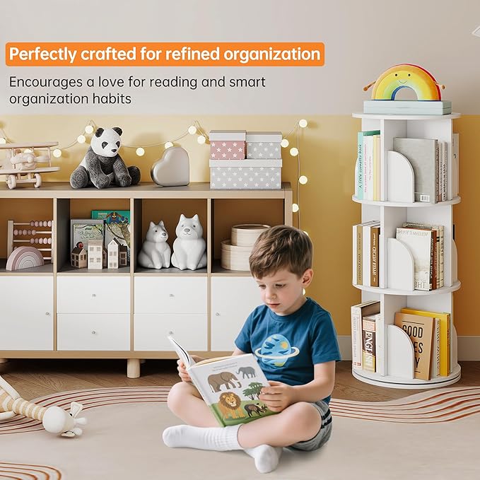 Rotating 3-Tier Bookshelf, 360° Spinning Corner Bookcase with Lazy Susan, White Space Saving Organizer for Study Room, Home Office, Kids Rooms, Bedroom, Adults & Kids