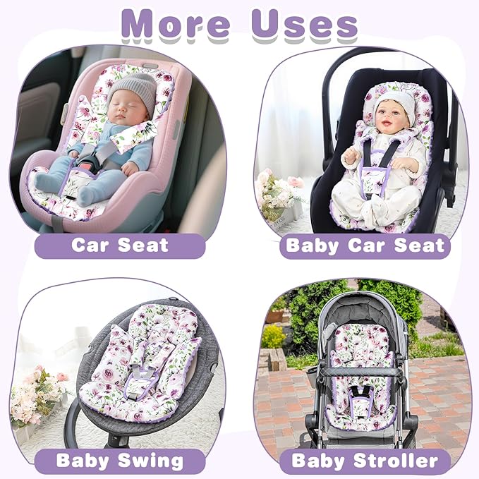 3-in-1 Infant Car Seat Insert, Soft Head and Body Support,Ultra & Strap Covers Set, Reversible Newborn Car Seat Cushion Pad for Baby Boy & Girl fits Stroller, Swing, Bouncer (Purple Flowers)