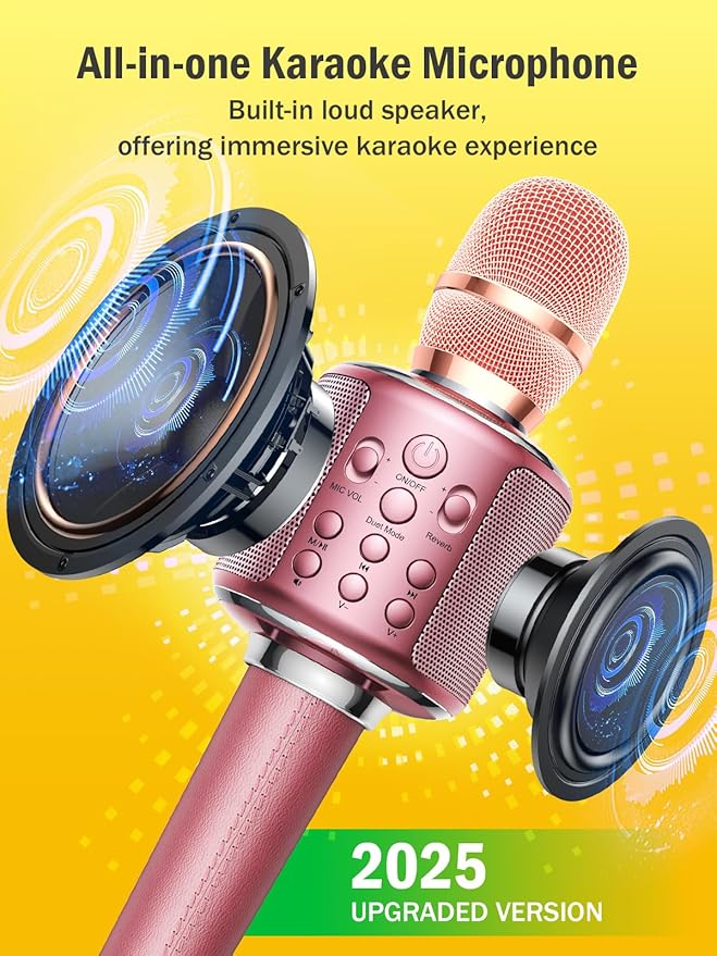 Wireless Bluetooth Karaoke Microphone, Built-in Loud Speaker for 10H Playback, Add Reverb/Duet Mode/Earbuds Monitoring, Portable Karaoke Machine for Entertainment & Singing Practice (Rose Gold)
