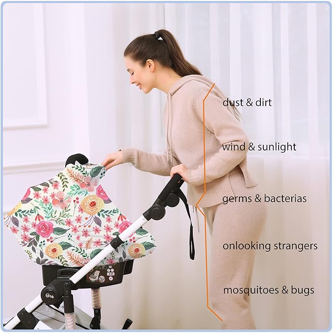 Nursing Carseat Canopy Breastfeeding Cover - Multi-use Stretchy Car Seat Covers for Babies, Baby Shower Gifts (Pink Floral)