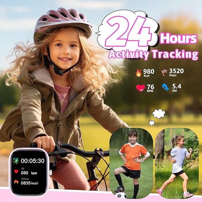 Kids Watch with Fitness Tracker No Phone/APP Needed,19 Sport Mode,1.5" DIY Dial,IP68 Waterproof,Sleep Monitor,Pedometers,Heart Rate,Great Birthday Gift for Boys Girls Teens 6-14 (Pink)