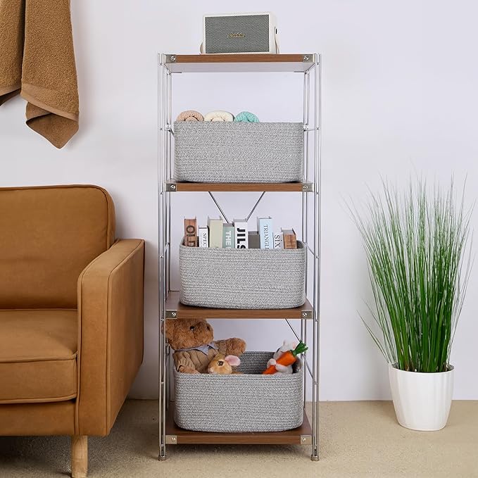 Large Storage Baskets for Organizing, Closet Shelf Baskets for Clothes Blanket Towels, Baby Nursery, Toy Bins Box, Woven Rope Baskets, 17 x 13 x 7.5”, 4 Packs Mixed Grey
