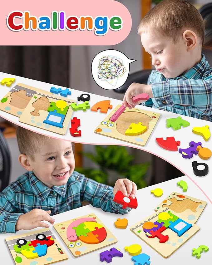 Yetonamr Wooden Toddler Puzzles Gifts Toys for 1 2 3 Years Old Boys Girls, 8 Vehicle Shape Montessori Toy Educational Blocks Kids Toys Gift Baby Learning Toy Age 1-3, 2-4