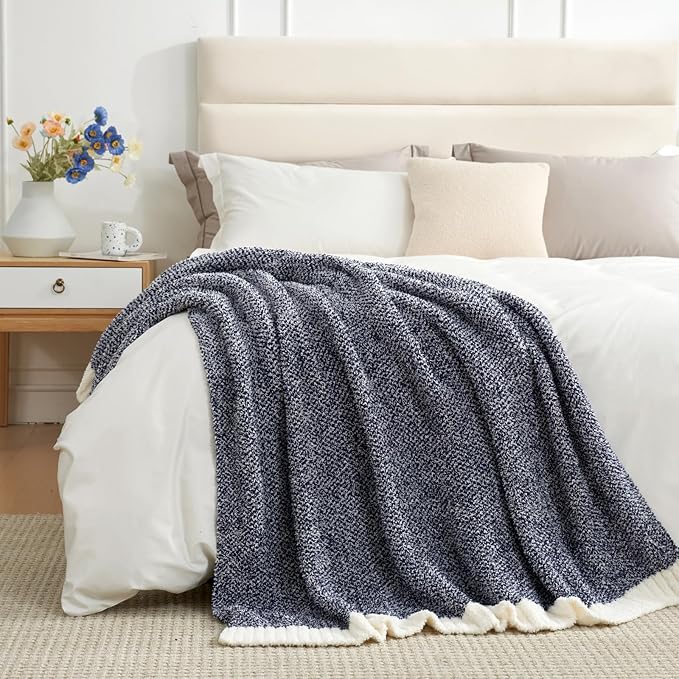 Snuggle Sac Heather Navy Oversized Twin-XL Size Blanket, Super Soft, Warm, Knit, 66x90 inches