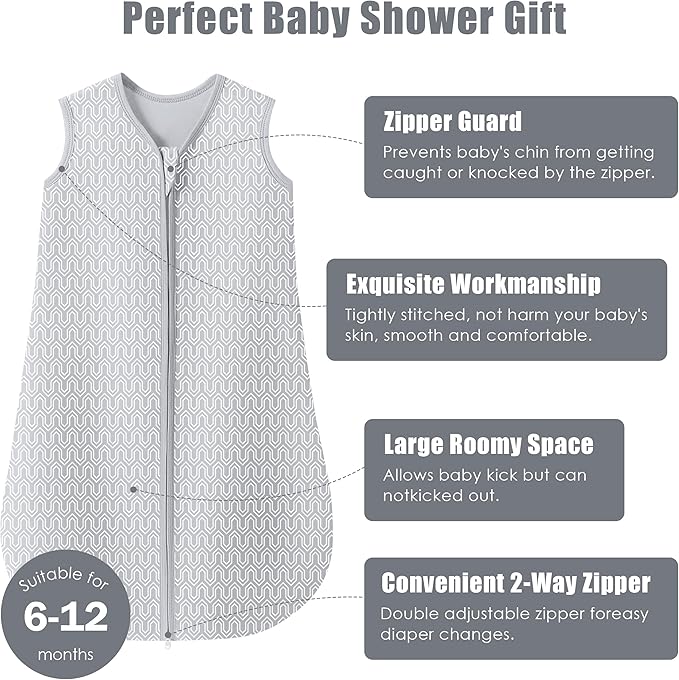 SWEET DOLPHIN Baby Sleep Sack 6-12 Months - 100% Cotton 2-Way Zipper TOG 0.5 Infant Wearable Blanket, Newborn Essentials Toddler 3 Pack Sleeping Sacks - Grey