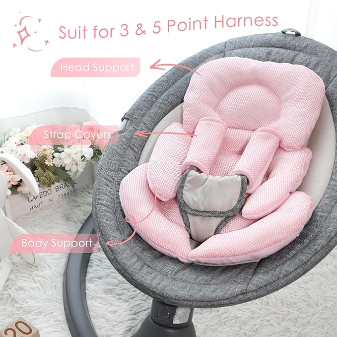 Infant Car Seat Insert for Newborn Girls Boys, Summer Mesh Baby Carseat Head Support with Strap Pads, Soft Reversible Baby Car Seat Insert Cushion Pad for Car Seat, Stroller, Bouncer, Swing, Pink