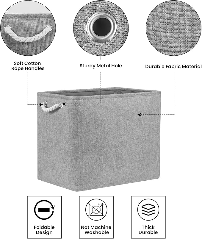 Bidtakay Collapsible Storage Bins for Clothes Large Grey Storage Baskets with Cotton Handles 17x12x15 In Set of 2 Fabric Cubby Storage Bins Livingroom Home Decorative Storage Organizer for Blankets