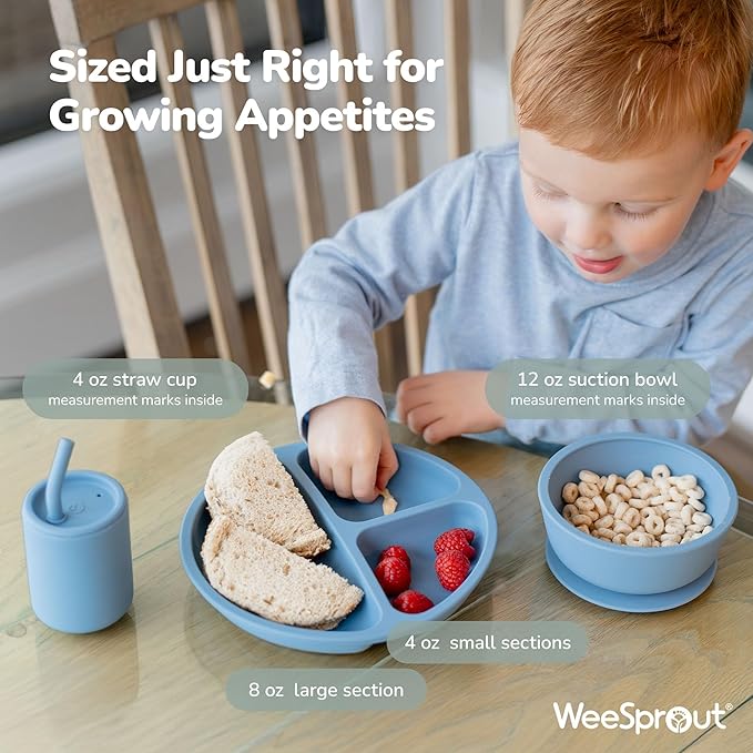 WeeSprout Baby Led Weaning Bundle, Silicone Suction Bowl, Spoons, Bib & Cup, Develops Self Feeding Skills, Dishwasher Safe (Pink)