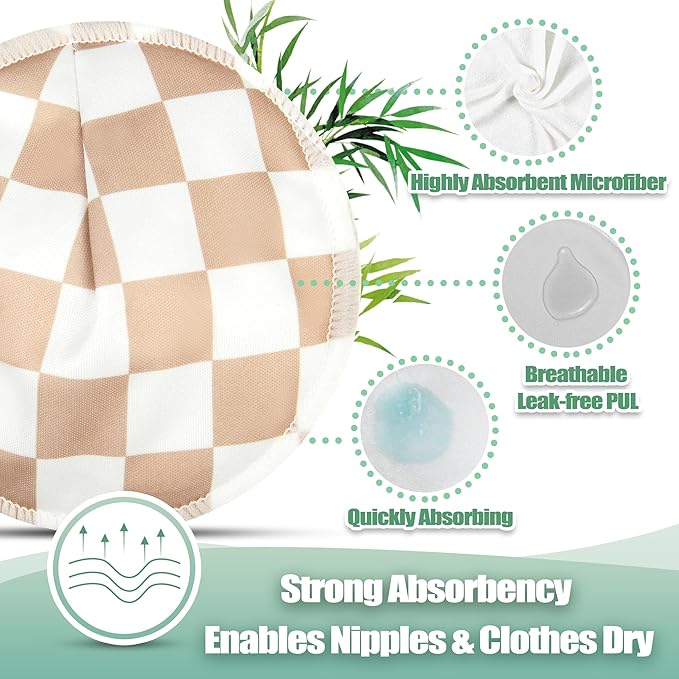 wegreeco Nursing Breast Pads (14 Pack) + Laundry Bag & Travel Storage Bag, 4.7 inch - Washable & Reusable Breastfeeding Nursing Pads (Light Coffee Checkerboard, Large, Contoured Shape)