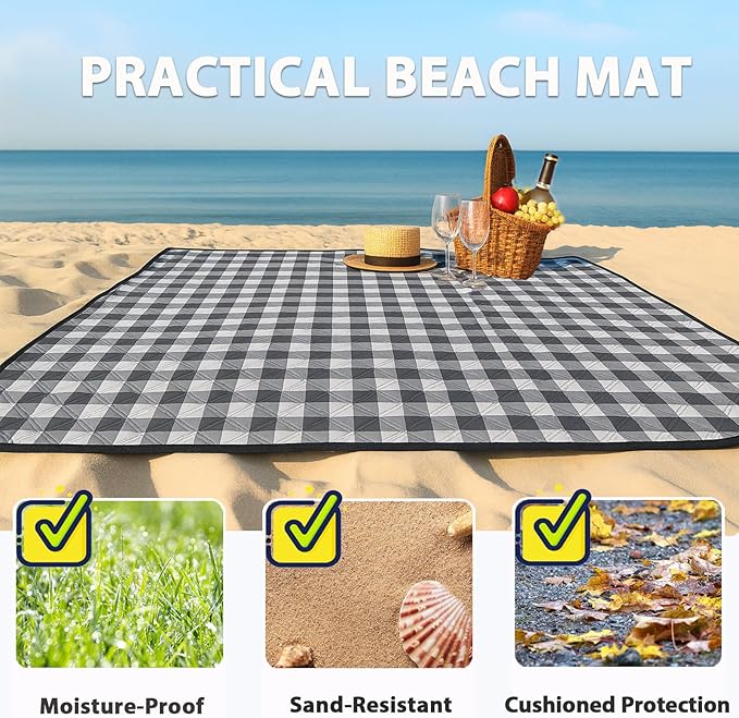 TigeJoy Extra Large Picnic Blanket Waterproof Foldable 80''x100'', Outdoor Picnic Mat Beach Blanket Sandproof for Park, Grass, Travel, Hiking, Camping Essentials, Gingham Picnic Blanket