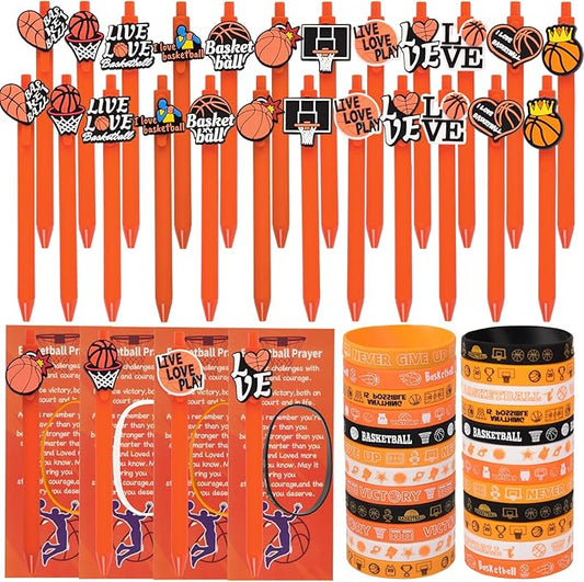 LiYiQ 72 Pcs Basketball Party Favors Basketball Team Gifts Basketball Goodie Bags Stuffers Basketball Ballpoint Pens Bookmark Card and Silicone Bracelet