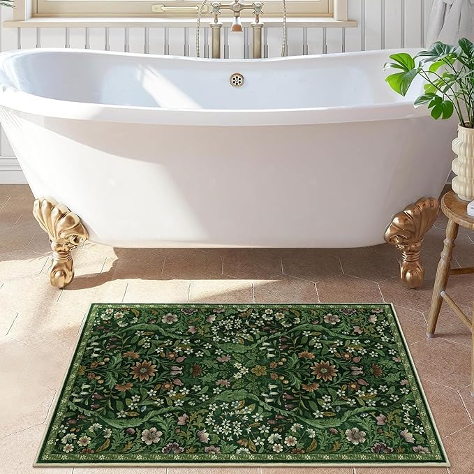 Floral 2x3 Entryway Rug,Washable Front Door Mat Indoor Non Slip Low Pile Small Carpet, Soft Green Boho Botanical Throw Rug for Bathroom Bedroom Kitchen Laundry Indoor Entrance