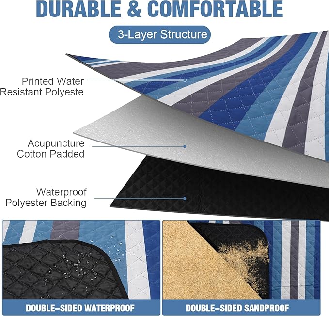 Picnic Blankets Outdoor Extra Large - 80"x80" Waterproof Beach Blanket, Machine Washable 3-Layer Foldable Park Mat with Sandproof Backing for Grass, Hiking, Travel, Concerts, Indoor (BlueStrip)
