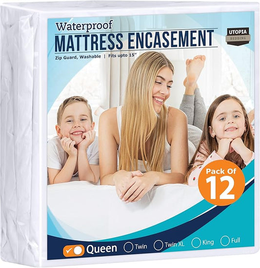 Utopia Bedding Zippered Mattress Encasement Queen Size (Pack of 12) 100% Waterproof, Dust Mite and Bed Bug Proof Mattress Protector, Absorbent 6-Sided Mattress Cover