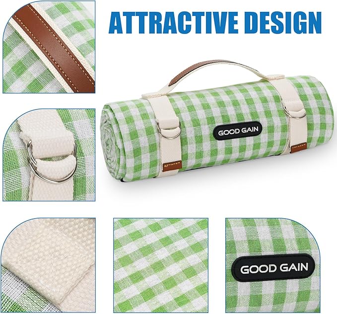 G GOOD GAIN Picnic Blankets Outdoor Extra Large - Waterproof Picnic Blanket with Carry Strap | Machine Washable Picnic Mat with Sandproof Backing for Park, Grass, Camping, Hiking, Concerts (Lime)