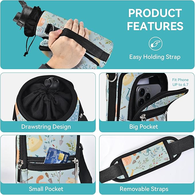 25/32/40/64oz Water Bottle Bag Holder Carrier-Insulated Crossbody Sling Case Sleeve with Strap & Pockets for Men Women Gym Cycling Travel Walking Hiking Camping