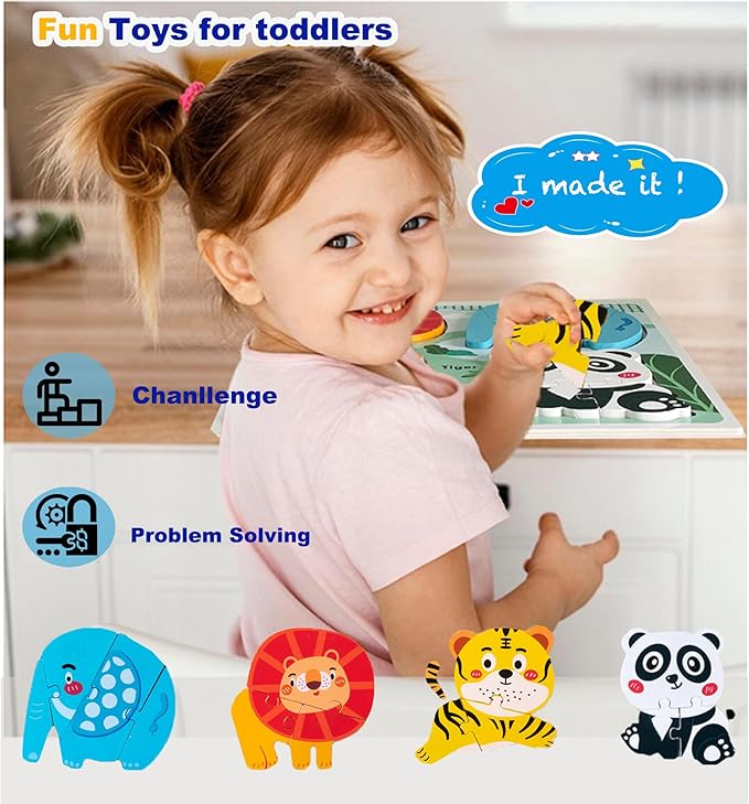 Zoo Safari Animal Toddler Puzzles Ages 1-3, Wooden Puzzles for Toddlers 2-4, Fun Educational Toys for 18-36 Months Baby,Crafted Wood Birthday Gifts for 24+ Month Little Girls Boys
