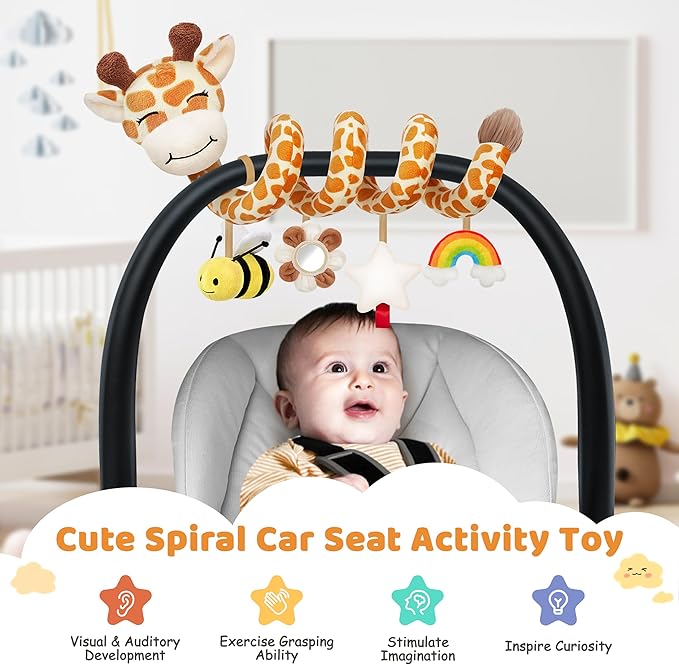 Spiral Car Seat Baby Toys 0-6 Months, Infant Carseat Sensory Toys Hanging Stroller Accessories, Newborn Shower Gifts for Baby Boys Girls Essentials | Cute Colorful Giraffe