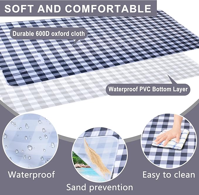 80"x80" Extra Large Waterproof Outdoor Mat - Sandproof Foldable Picnic Blanket for Family Camping, Backyard, Beach Parties - Heavy Duty & Easy Storage (Gray&White)