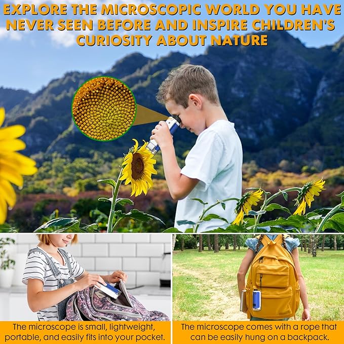 Portable Handheld Mini Microscope for Kids, 100x-250x Zoom with LED Lights, Alloy Pocket Microscope for Boys & Girls, Educational Science Kit (Blue)