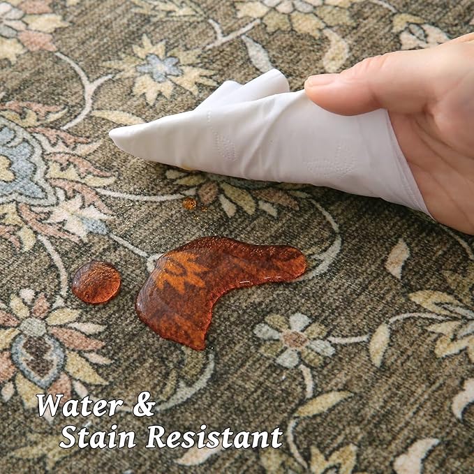 Washable 6x9 Area Rugs for Living Room, Boho Non-Slip Silicone Backing Large Rugs for Bedroom Dining Room Nursery Office, 0.3" Neutral Oriental Throw Carpet with 0.16" Cushioning Pad, Flaxen/Multi