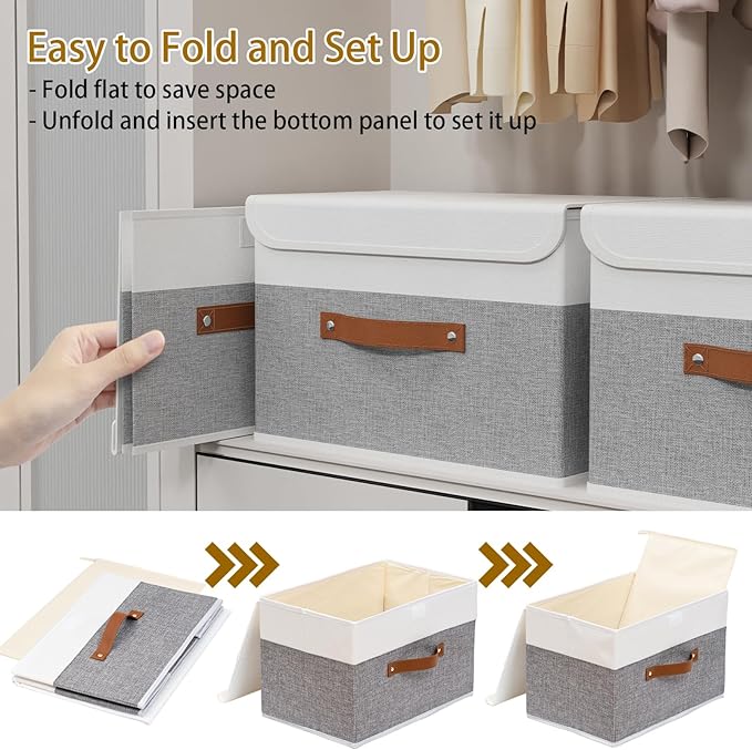 Yawinhe Collapsible Storage Bin, Cube Organizer Basket, Fabric Box with Lids, Washable and Leather Handle, for Home, Closet, White/Grey, 13.0''Lx9.0''Wx7.9''H, 3-Pack, SNK024WGS-3
