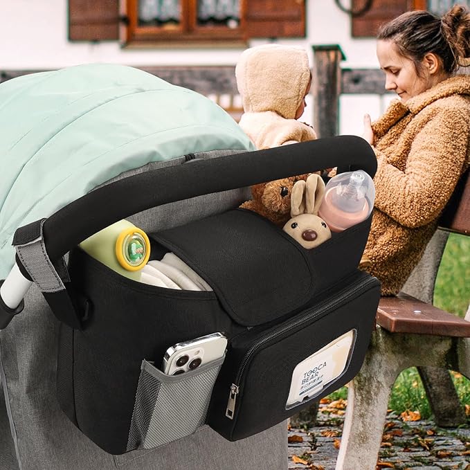 Accmor Universal Stroller Organizer with Insulated Cup Holder, Stroller Caddy Bag Accessories, Stroller Cup Holder Organizer for Uppababy Baby Jogger Britax Stroller, Black