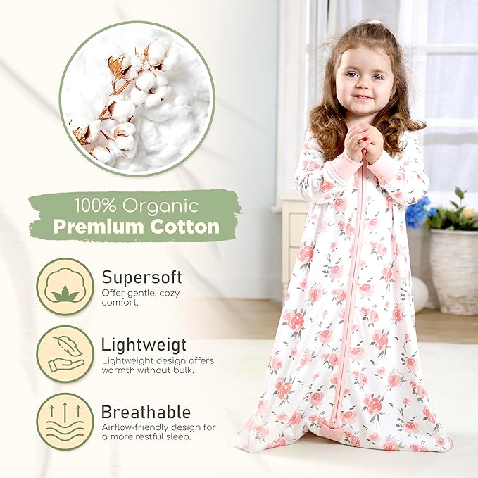 Mama Cheetah Baby Sleep Sack with Sleeves, 0.5 TOG Organic Cotton Wearable Blanket and Two-Way Zipper, Swaddle Transition Long Sleeve Sleeping Bag for Newborn Infant Toddler, 0-6 Months