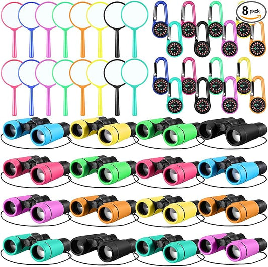 Hiboom 8 Set Kids Binoculars Bulk Shockproof Folding Children Mini Compact Binoculars Compass Magnifying Glass for 3-12 Years Boys Girls Kids Bird Watching Camping Outdoor Play