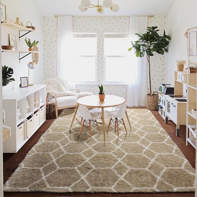 ONASAR Rugs for Living Room Bedroom, 5x8 Washable Fluffy Beige and White Area Rug, Geometric Boho Soft Plush Shaggy Fuzzy Floor Carpet for Nursery Kids Girls Boys Teen Dorm Home Decor Aesthetic